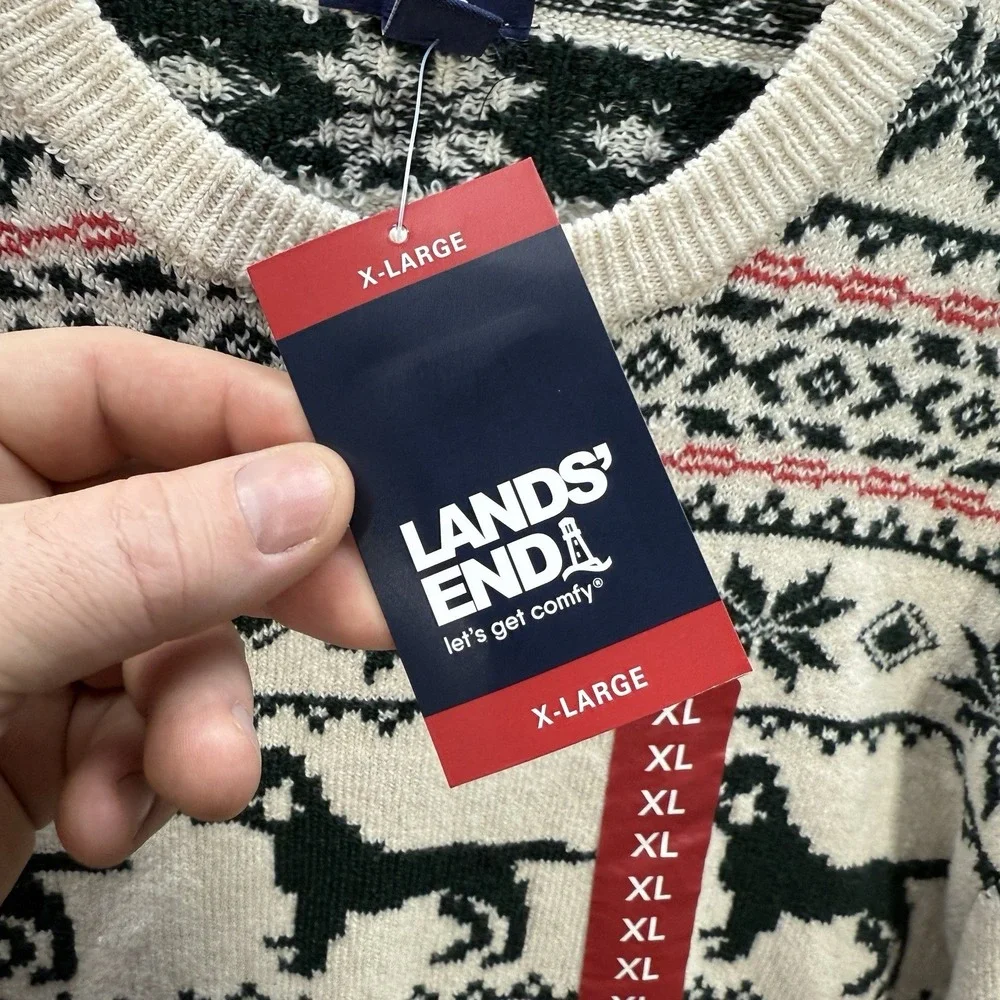 Lands End Sweater Adult XL Multicolor Fair Isle Knit Crewneck‎ Geometric Dog NEW